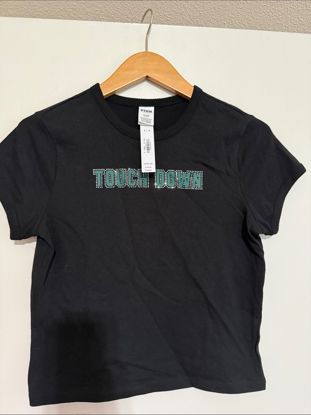 NWT, PINK Victoria's Secret Black Tee with Teal Studded 'TOUCH DOWN' sz S